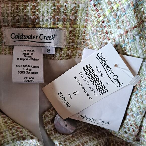 Coldwater Creek Mint Green Brown Tweed Blazer Jacket Pearl Buttons - Size 8 NWT - Picture 8 of 9